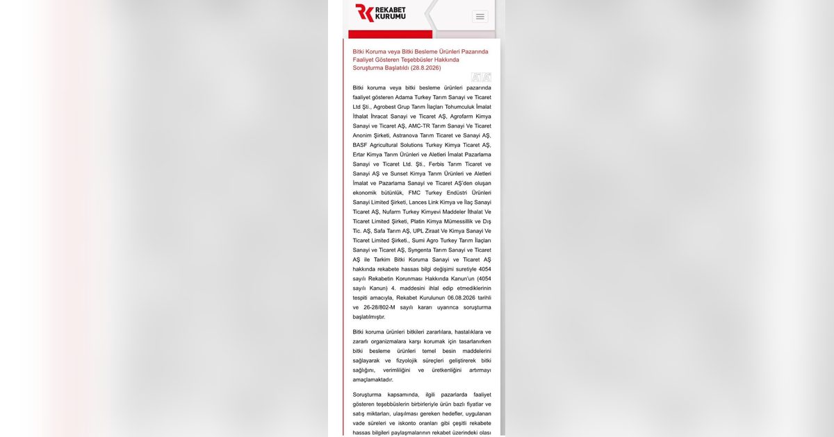 Rekabet Kurulu 18 Zirai İlaç Şirketine Soruşturma Açtı
